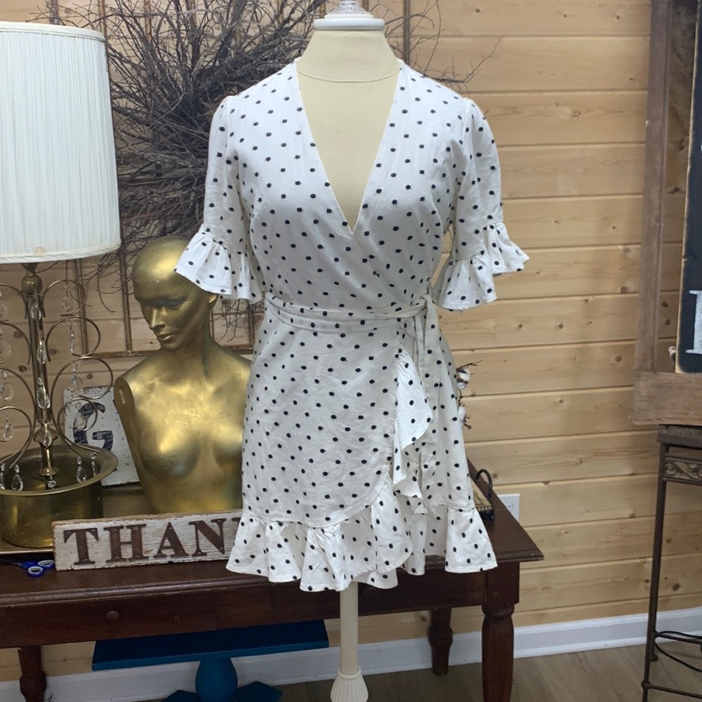 Wayf Black and white polka dot wrap dress